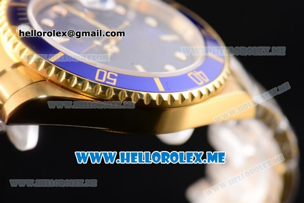 Rolex Submariner Clone Rolex 3135 Automatic Yellow Gold Case/Bracelet with Blue Dial and Dot Markers Blue Bezel (BP) - Click Image to Close